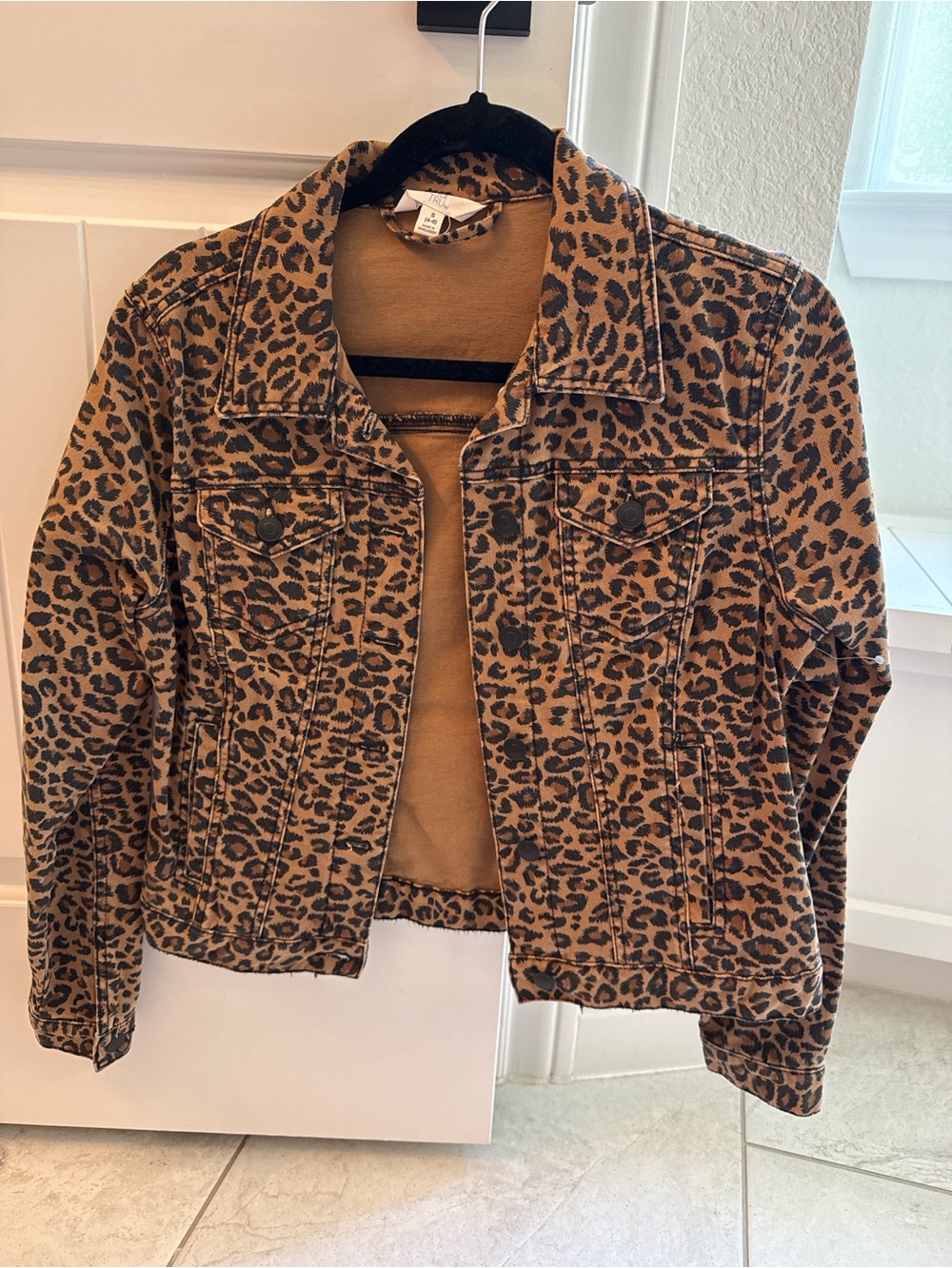 Leopard Print Womens Denim Jacket - Brown denim